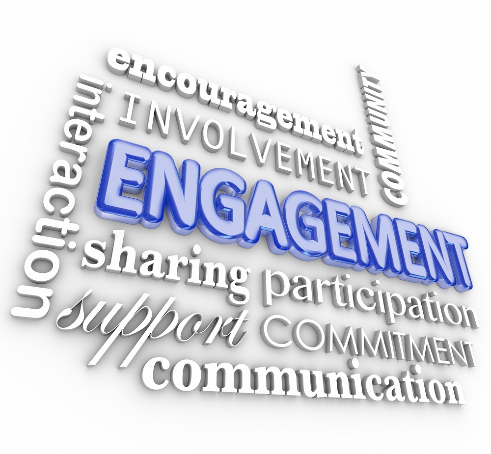 Engagment word in 3d letters with related terms such as interact